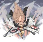  1girl baiken eyepatch fighting_stance guilty_gear guilty_gear_xrd japanese_clothes jumping katana kimono long_hair long_sleeves missing_limb pink_hair ponytail samurai sword torn_clothes torn_sleeves weapon 