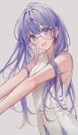  1girl :d absurdres bare_arms bare_shoulders blue_eyes blush character_request cowboy_shot dress elsword glasses grey_background highres lium long_hair looking_at_viewer open_mouth purple_hair rimless_eyewear round_eyewear simple_background sleeveless sleeveless_dress smile upper_body very_long_hair white_dress 