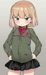  1girl atage black_skirt blonde_hair blue_eyes blush bob_cut closed_mouth cowboy_shot girls_und_panzer green_jacket grey_background hands_on_hips jacket katyusha_(girls_und_panzer) long_sleeves looking_at_viewer miniskirt pleated_skirt red_shirt shirt skirt smile solo 