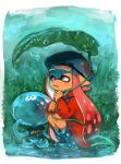  1girl bangs beret black_footwear black_headwear black_shirt boots border bruise bush fangs frown full_body grass hat highres injury jacket jellyfish jellyfish_(splatoon) long_hair looking_up open_mouth outdoors pink_hair pointy_ears rain red_jacket shirt sitting sky splatoon_(series) tall_grass tentacle_hair tona_bnkz water water_drop white_border 