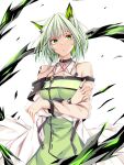  1girl animal_ear_fluff animal_ears arknights bangs cat_ears cat_girl closed_mouth crossed_arms dress green_dress green_eyes green_hair highres kal&#039;tsit_(arknights) looking_at_viewer off-shoulder_dress off_shoulder oripathy_lesion_(arknights) short_hair solo suterii 