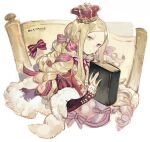  1girl bangs beatrice_(re:zero) blonde_hair blue_eyes book bow character_name closed_mouth commentary crown dress fur holding holding_book kuzuvine long_hair long_sleeves looking_at_viewer parted_bangs purple_bow re:zero_kara_hajimeru_isekai_seikatsu scroll sidelocks simple_background solo symbol-shaped_pupils upper_body white_background 