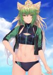  1girl animal_ears atalanta_(fate) bangs bikini black_bikini blonde_hair blue_sky blush braid breasts cat_ears fate/apocrypha fate/grand_order fate_(series) french_braid gradient_hair green_eyes green_hair green_jacket highres hikichi_sakuya jacket long_hair looking_at_viewer multicolored_hair navel open_clothes open_jacket ponytail sky smile solo swimsuit thighs 