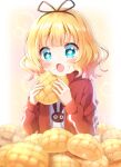  +_+ 1girl :o aqua_eyes bangs blonde_hair blush bread commentary eating food food_on_face gochuumon_wa_usagi_desu_ka? highres jacket kirima_sharo long_sleeves melon_bread mozukun43 open_clothes open_jacket open_mouth red_jacket short_hair signature simple_background solo wavy_hair 