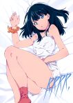  1girl absurdres anime_coloring artbook bed_sheet black_hair camisole dolphin_shorts flat_chest gridman_universe highres legs long_hair looking_at_viewer lying official_art on_back parted_lips red_legwear scan shorts socks solo ssss.gridman takarada_rikka takeuchi_masato thighs white_camisole white_shorts 