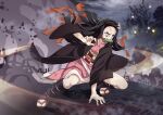  1girl arm_support bamboo bit_gag black_hair checkered_obi debris fighting_stance fingernails full_body gag japanese_clothes kamado_nezuko kimetsu_no_yaiba kimono kneehighs long_hair moon mouth_hold multicolored_hair night nyoro_(nyoronyoro000) obi orange_hair outdoors pink_eyes pink_kimono pink_ribbon red_nails ribbon sandals sash sharp_fingernails slit_pupils solo squatting tabi two-tone_hair veins 