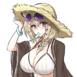  1girl adjusting_clothes adjusting_headwear animal_ear_fluff animal_ears arknights bare_shoulders between_breasts bikini black_shirt breasts commentary eyewear_on_head food food_in_mouth grey_bikini hair_over_shoulder hat large_breasts light_brown_hair long_hair maiq06 off_shoulder official_alternate_costume open_clothes open_shirt parted_lips popsicle shirt simple_background sketch solo stomach straw_hat striped striped_bikini sunglasses swimsuit tail upper_body utage_(arknights) utage_(summer_flowers)_(arknights) violet_eyes white_background 