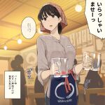  1girl apron bandana bangs black_eyes black_hair breasts cup drinking_glass highres medium_hair original ponytail solo_focus translation_request wakamatsu372 