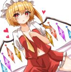  1girl ascot bangs blonde_hair blush breasts collarbone crystal eyebrows_visible_through_hair flandre_scarlet frilled_skirt frills hair_between_eyes hat head_tilt heart highres kiui_(dagk8254) looking_at_viewer mob_cap navel open_mouth puffy_short_sleeves puffy_sleeves red_eyes red_skirt short_hair short_sleeves side_ponytail skirt small_breasts solo thighs touhou undone_neckwear white_sleeves wings yellow_neckwear 
