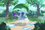  :d banned_artist closed_eyes commentary_request day grass holding holding_leaf leaf nihilego nin_(female) no_humans open_mouth outdoors poipole pokemon pokemon_(creature) puddle sky smile tree ultra_beast water 