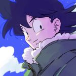  1boy backlighting black_eyes black_hair blue_sky blurry blurry_background close-up closed_mouth clouds cloudy_sky day depth_of_field dragon_ball dragon_ball_z face facing_viewer floating_hair fur-trimmed_jacket fur_trim green_jacket high_collar jacket kz_(dbz_kz) light_particles light_smile looking_back male_focus sideways_glance sky son_goku upper_body wind wind_lift winter_clothes zipper 