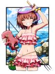  1girl bikini blush brown_hair closed_eyes collarbone day eyebrows_visible_through_hair facing_viewer frilled_bikini frills grin highres kill_me_baby marine_day navel ocean octopus oribe_yasuna outdoors pink_bikini short_hair smile snorkel solo swimsuit teeth yachima_tana 