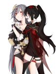 2girls bangs black_hair black_jacket black_legwear black_shorts cape coffeejelly dual_persona fangs flower fu_hua fu_hua_(herrscher_of_sentience) fu_hua_(shadow_knight) grey_hair hair_between_eyes hair_flower hair_ornament hand_on_another&#039;s_shoulder highres honkai_(series) honkai_impact_3rd jacket long_hair looking_at_another multiple_girls open_mouth ponytail red_eyes red_flower red_rose rose see-through_cape short_sleeves shorts simple_background thigh-highs vampire white_background 