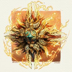  artist_name commentary dated english_commentary english_text fantasy fire light_particles no_humans original shield simple_background sinlaire still_life weapon weapon_focus weapon_request white_background 