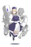  1girl blonde_hair boots breasts commentary_request dress eyelashes floating full_body garter_straps gloves headset highres juliet_sleeves large_breasts levitation long_sleeves looking_at_viewer maid_headdress mecha_musume mekaringo original puffy_sleeves purple_dress purple_footwear purple_legwear short_hair simple_background solo thigh-highs thigh_boots violet_eyes white_background white_gloves 