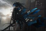  1girl black_hair black_jacket black_rock_shooter black_rock_shooter_(character) black_rock_shooter_(inexhaustible) blue_eyes blue_fire fire flaming_eye gloves highres jacket long_hair solo source_request standing sword twintails weapon 
