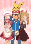  1boy 2girls apron ash_ketchum baseball_cap black_hair blonde_hair blue_eyes blue_hair blush brown_eyes cookie cooking hikari_(pokemon) food hat head_scarf highres jacket long_hair multiple_girls open_mouth pikachu pokemon pokemon_(anime) pokemon_(game) pokemon_masters_ex serena_(pokemon) shirt short_hair skirt sungyeah 