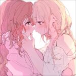  2girls amane_(7783) blush commentary eyebrows_visible_through_hair eyes_visible_through_hair finger_to_another&#039;s_mouth futaba_anzu hand_on_another&#039;s_neck highres idolmaster idolmaster_cinderella_girls long_hair moroboshi_kirari multiple_girls parted_lips saliva simple_background sweat sweatdrop tongue white_background yuri 