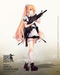  1girl apron artist_request assault_rifle backpack bag bangs belt black_dress black_footwear blonde_hair blue_eyes boots breasts character_name commentary_request copyright_name dress eyebrows_visible_through_hair girls_frontline gloves gun highres holding holding_weapon long_hair looking_at_viewer official_art open_mouth ponytail rifle school_uniform simple_background socks solo standing ukrainian_flag vepr-12 vepr_(girls&#039;_frontline) weapon white_apron white_gloves white_legwear 
