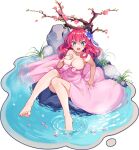  1girl aqua_eyes ark_order artist_request bangs bare_legs bare_shoulders blue_flower blush branch breasts feet flower grass hair_flower hair_ornament highres large_breasts long_hair looking_at_viewer naked_towel no_game_no_life official_art onsen petals petals_on_liquid pink_flower pink_hair pink_towel rock solo sparkle stephanie_dora tachi-e towel transparent_background water 