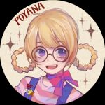  1girl :d blonde_hair braid ez_1011 framed glasses hair_rings looking_at_viewer open_mouth pink_shirt portrait round_eyewear shirt smile solo striped striped_shirt twin_braids violet_eyes 