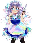  absurdres apron artist_request black_legwear blue_eyes braid closed_mouth eyebrows_visible_through_hair frills highres izayoi_sakuya knife looking_at_viewer maid maid_headdress pantyhose rainbow_gradient short_hair silver_hair smile touhou twin_braids unconnected_marketeers waist_apron 