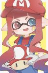  1girl blue_eyes blue_pants border cosplay food hat holding holding_food holding_mushroom inkling long_hair looking_to_the_side mario mario_(cosplay) mario_hat matsushita_(matsudbox) mushroom pants pointy_ears red_eyes red_headwear red_shirt redhead shirt simple_background smile solo splatoon_(series) star_(symbol) upper_body white_border yellow_background 
