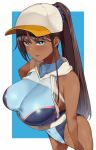  1girl :d bare_shoulders blue_eyes blush brown_hair competition_swimsuit covered_navel dark_skin hai_ookami hat highres long_hair looking_at_viewer one-piece_swimsuit open_mouth original ponytail smile solo swimsuit 