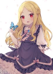  1girl :d animal_on_hand bangs black_dress blonde_hair blush bow braid bug butterfly commentary_request dress eyebrows_visible_through_hair frilled_dress frills hand_up idolmaster idolmaster_cinderella_girls long_hair looking_at_viewer minamiya_mia mochizuki_hijiri open_mouth parted_bangs pink_bow puffy_short_sleeves puffy_sleeves shirt short_sleeves sleeveless sleeveless_dress smile solo very_long_hair white_background white_shirt 