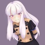  1girl :3 arms_behind_back aurapls buttons closed_mouth double-breasted fire_emblem fire_emblem:_three_houses highres juliet_sleeves leaning_forward long_hair long_sleeves looking_at_viewer lysithea_von_ordelia pink_eyes puffy_sleeves purple_background purple_hair simple_background smile smug solo 