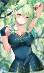  1girl absurdres antlers arm_up armpits blurry blurry_background blush braid branch breasts ceres_fauna collarbone dress earrings eyebrows_visible_through_hair flower forest french_braid green_hair green_nails hair_flower hair_ornament highres hololive hololive_english jewelry leaf long_hair medium_breasts mole mole_under_eye nail_polish nature parted_lips sleeveless sleeveless_dress solo sosuke_(yrmon) virtual_youtuber yellow_eyes 