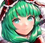  1girl bangs bow closed_mouth commentary_request eyebrows_visible_through_hair face frills front_ponytail green_eyes green_hair hair_bow kageharu kagiyama_hina long_hair portrait red_bow simple_background smile solo tagme touhou white_background 