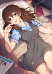  1girl bag blue_eyes blue_shirt breasts brown_dress brown_hair dress hair_down idolmaster idolmaster_million_live! idolmaster_million_live!_theater_days kamille_(vcx68) looking_at_viewer lying medium_breasts medium_hair on_back on_bed pillow satake_minako school_bag shirt short_sleeves solo textbook 