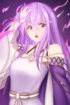  1girl aurapls bangs bare_shoulders breasts cape commentary crossed_bangs dress english_commentary fire_emblem fire_emblem_heroes hair_between_eyes hand_to_head hand_up headband highres julia_(fire_emblem) long_hair long_sleeves medium_breasts off-shoulder_dress off_shoulder open_mouth purple_background purple_cape purple_hair purple_theme red_eyes sash solo wide_sleeves 