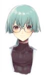  1girl brown_eyes closed_mouth glasses green_hair looking_at_viewer murata_tefu original short_hair simple_background smile solo turtleneck white_background 
