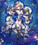  1girl armpits blue_eyes blue_flower blue_rose boots crescent_moon crown dress flower full_body high_heel_boots high_heels holding holding_sword holding_weapon leotard looking_at_viewer moon multiple_weapons pika_(kai9464) pink_hair planet queen_(soccer_spirits) rose short_hair soccer_spirits star_(symbol) sword thigh-highs weapon white_dress white_leotard 
