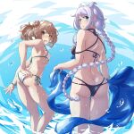  2girls arthur_ko ass bangs bikini black_bikini blue_eyes blue_sarong braid breasts butt_crack commentary_request commission cowboy_shot double_bun feet_out_of_frame from_behind hair_flaps holding kantai_collection light_brown_hair long_hair looking_at_viewer looking_back medium_breasts michishio_(kancolle) mole mole_under_eye multiple_girls open_mouth parted_bangs remodel_(kantai_collection) sarong short_hair short_twintails side-tie_bikini silver_hair single_braid small_breasts standing swimsuit twintails umikaze_(kancolle) very_long_hair water white_bikini 