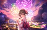  1girl artist_request bangs blush bow brown_hair clouds cloudy_sky eyebrows_visible_through_hair fireworks floral_print flower food fruit hair_bow hair_ornament holding hori_yuko idolmaster idolmaster_cinderella_girls idolmaster_cinderella_girls_starlight_stage japanese_clothes kimono long_sleeves looking_at_viewer obi official_art outdoors ponytail print_kimono red_eyes sash sky smile solo strawberry summer_festival sunlight sunset yukata 