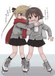  2girls absurdres blonde_hair blue_eyes brown_eyes brown_hair cardigan gloves hair_ribbon highres ice_skates kill_me_baby long_hair multiple_girls necktie open_mouth oribe_yasuna ribbon scarf school_uniform short_hair skates skirt sonya_(kill_me_baby) translated twintails yasashii_naizou yuri 