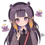  1girl :3 bangs beret black_dress black_headwear blush collared_shirt dated dress frown grey_shirt hair_behind_ear hat hololive hololive_english mole mole_under_eye nini_niniko ninomae_ina&#039;nis pointy_ears portrait purple_hair shirt smile solo tentacle_hair v violet_eyes virtual_youtuber 