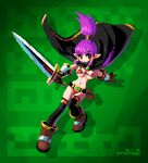  1girl armor bikini_armor boots breasts brown_footwear brown_gloves cloak gloves large_breasts mabius navel original pixel_art pointy_ears purple_hair red_eyes sword tagme thigh-highs weapon 