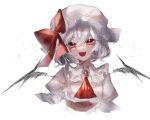  1girl ascot bangs bat_wings bow brooch cropped_legs fangs grey_hair hair_between_eyes hat hat_bow jewelry looking_at_viewer mob_cap open_mouth puffy_sleeves red_bow red_eyes red_neckwear remilia_scarlet shirt short_hair simple_background smile solo sparkle touhou white_background white_headwear white_shirt wings yukia_(yukia_777) 