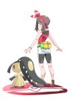  1girl bow_hairband bracelet brown_eyes brown_hair commentary_request fanny_pack from_behind hairband imitating jewelry looking_back mawile may_(pokemon) pokemon pokemon_(creature) pokemon_(game) pokemon_oras satsuki_imonet shorts solo white_shorts 