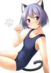  1girl animal_ear_fluff animal_ears bangs bare_arms bare_shoulders blue_swimsuit blush breasts cat_ears cat_girl cat_tail closed_mouth collarbone commentary_request eyebrows_visible_through_hair from_side hand_up highres looking_at_viewer looking_to_the_side old_school_swimsuit original paw_pose purple_hair school_swimsuit shibacha sitting small_breasts smile solo swimsuit tail violet_eyes white_background 