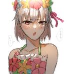  1girl ahatsu235 bangs bare_shoulders bikini blush breasts collarbone fate/grand_order fate_(series) flower_wreath green_bikini hair_ribbon head_wreath kama_(fate) kama_(swimsuit_avenger)_(fate) looking_at_viewer open_mouth red_eyes ribbon short_hair silver_hair small_breasts solo speech_bubble swimsuit translation_request 