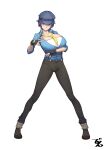 1girl beeeeen black_pants blue_hair blue_shirt breasts cabbie_hat fingerless_gloves gloves hat highres huge_breasts looking_at_viewer necktie pants persona persona_4 shirogane_naoto shirt short_hair simple_background solo suspenders white_background yellow_neckwear 