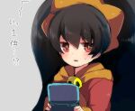  1girl ashley_(warioware) bangs black_hair blush bright_pupils commentary_request dress grey_background hairband handheld_game_console herunia_kokuoji long_hair nintendo nintendo_3ds orange_hairband parted_lips red_dress red_eyes simple_background solo sweatdrop translation_request twintails upper_body warioware white_pupils witch 