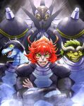  3boys absurdres character_name colored_sclera crossed_arms dinosaur_boy fangs furry getter_robo getter_robo_arc gettersaurus green_eyes green_hair helmet highres horns male_focus mecha multiple_boys ohdon open_mouth pilot_suit redhead sharp_teeth smile spikes super_robot teeth yellow_eyes yellow_sclera 