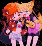  2girls animal_ears bike_shorts black_shorts blonde_hair blue_eyes blush brown_eyes brown_hair cat_ears cat_girl cat_tail collar collarbone crop_top dog_ears dog_girl dog_tail eyebrows_visible_through_hair fangs highres kill_me_baby kirara_fantasia long_hair looking_at_viewer multiple_girls navel one_eye_closed open_mouth oribe_yasuna ribbon short_hair shorts smile sonya_(kill_me_baby) tail twintails yasashii_naizou 