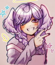  1girl bangs beige_background black_sweater blue_eyes blush catmouth eyebrows_visible_through_hair fangs halo head_wings heart heterochromia nijisanji nijisanji_en purple_hair selen_tatsuki smile solo star_(symbol) sweater v violet_eyes virtual_youtuber 